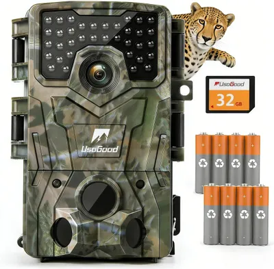 Produktbild von Usogood Wildkamera 4K Video Wildtierkamera 48MP Full HD wildkamera mit bewegungsmelder nachtsicht 0,3s Auslösezeit Infrarot Wildkamera mit 32GB karte