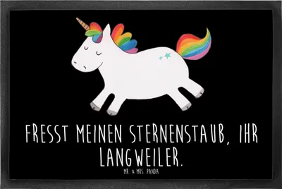 Produktbild von Mr. & Mrs. Panda fußmatte Einhorn Happy 60 x 90 cm - Schwarz - Geschenk, Unicorn, Einhörner, Bodenvorleger, Spaß, Schmutzfänger, Lachen, Fußabstreifer, Schmutzfangmatte