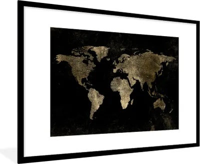 Produktbild von MuchoWow® MuchoWow® Gerahmtes Poster Weltkarte - Schwarz - Gold 90x60 cm - Poster mit zchwarzem Bilderrahmen - Wanddekoration - Fotos