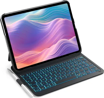 Produktbild von inateck Tastaturhülle für iPad 10./11. Gen, iPad Air 4/5/6 (2024/2025), iPad Pro 11 (1./2./3./4. Gen) mit 7-farbiger Hintergrundbeleuchtung, Stifthalter, Bluetooth, Polyurethan, 150 Tage, 1 mm