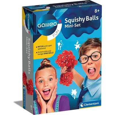 The image shows the packaging of a toy product called 'Galileo Squishy Balls Mini-Set'. The packaging features images of children playing with the squishy balls.