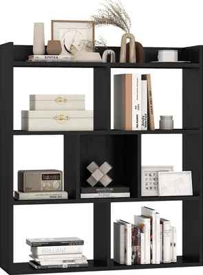 Immagine prodotto di Libreria a 7 scomparti senza pannello posteriore, scaffale in legno indipendente con sistema anti-ribaltamento, scaffale moderno per camera da letto, studio, soggiorno, nero