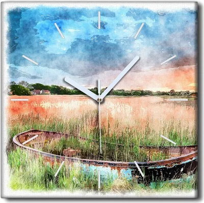 Produktbild von Coloray Uhr auf Leinwand 30x30 cm Wand Uhr Dekoration Wohnzimmer Segeltuch weiße Zeiger -Sonnenaufgangboot