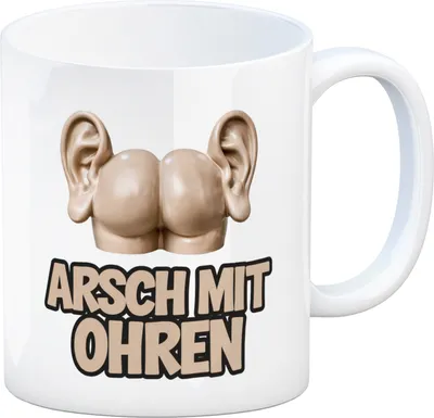 Produktbild von Kaffeebecher 'Arsch mit Ohren' Keramik, 300 ml, 9 cm hoch, spülmaschinenfest