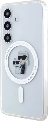 A clear, professional shot of the back of a transparent phone case with a Karl Lagerfeld design.