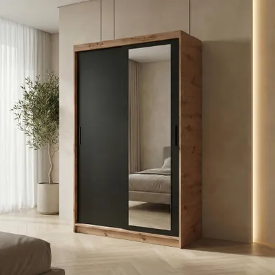 Image de BEAUTYSOFA | Armoire HELA 100 cm Artisan + Noir – Armoire moderne avec miroir et portes coulissantes, design minimaliste