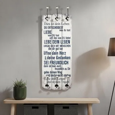 Produktbild von Wandgarderobe 100 cm mit 6 Haken & Spruch 'Lebe dein Leben', Paulownienholz
