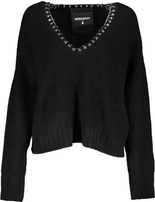 Produktbild von Eleganter Damenpullover in Schwarz mit V-Ausschnitt & Kontrastdetails