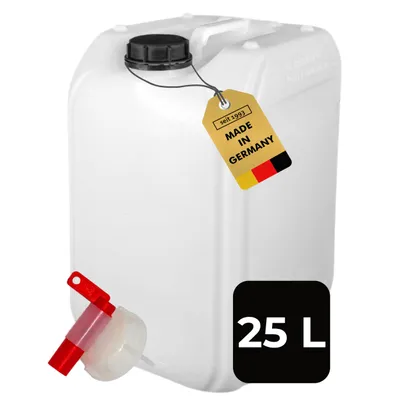 Produktbild von ABACUS® 25 Liter Wasserkanister Natur Chemiekanister Auslaufhahn und Deckel (DIN 61) Lebensmittelecht Indoor und Outdoor BPA Frei Säurefest mit Skala