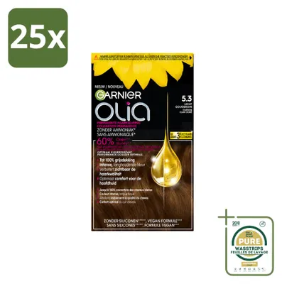 Productafbeelding van 25 x Garnier Olia 5.3 Permanente Haarkleuring, Lichtgoudbruin, Zonder Ammoniak - Voorraadverpakking - 25 stuks
