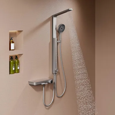 Produktbild von HOROW Regendusche Set mit Thermostatarmatur, Grau Duschset Duschsystem mit 4 Massage-Modi, Klappbares Duschset, Höhenverstellbar, für Badewannen