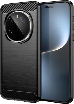 A black phone case with a carbon fiber texture is shown next to a smartphone.