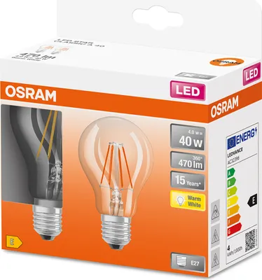 Zdjęcie produktu dla 2Pak Żarówka LED E27 A60 4W = 40W 470lm 2700K 300° Filament OSRAM STAR