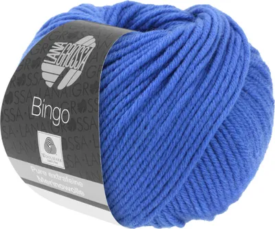 A ball of blue yarn with a label.
