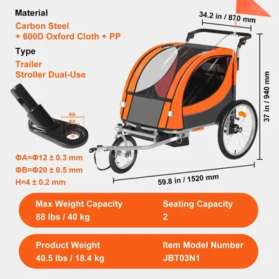 Produktbild von Fahrradanhänger - Fahrradkarren - für Kinder - 88 lbs Kinder-Fahrradanhänger mit zwei Sitzplätzen
