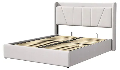Obrázek produktu pro Postel s čalouněnou konstrukcí, rozměry 140 x 200 cm, s hydraulickým zvedacím mechanismem, úložný prostor, čelo postele s úložným prostorem, barva béžová, bez matrace