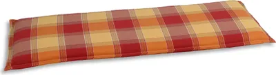 A long, rectangular cushion with a plaid pattern in red, orange, and yellow.
