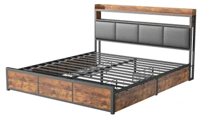 Obrázek produktu pro Postel s úložným prostorem – manželská postel 140 × 200 cm – kovový rám – LED osvětlení – 4 zásuvky – čelo s úložným prostorem –Polyuretankoženka – černá