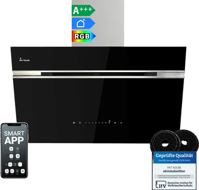 Produktbild von KKT KOLBE A+++ Dunstabzugshaube 80 cm 782 cbm/h Umluft Abluft Kopffrei Wandhaube | Schwarz Silber Edelstahl | Glas | Nachlaufautomatik | Smart WiFi App WLAN | SensorTouch | RGBW LED | AURORA8005SE