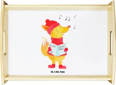 Produktbild von Mr. & Mrs. Panda Tablett Fuchs Sänger - Weiß - Geschenk, Winter, Weihnachten, Singen, Holztablett, essenstablett, Heiligabend, Bett-Tablett, Servier, Dekotablett