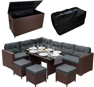 Produktbild von Rattan Eckgarnitur & Kissenbox Große 582L Auflagenbox Gartentruhe Braun