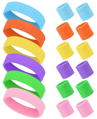 Imagen del producto de Conjunto de 6 bandas para la frente, 12 muñequeras, bandas para la cabeza de algodón suave, unisex, de varios colores, para