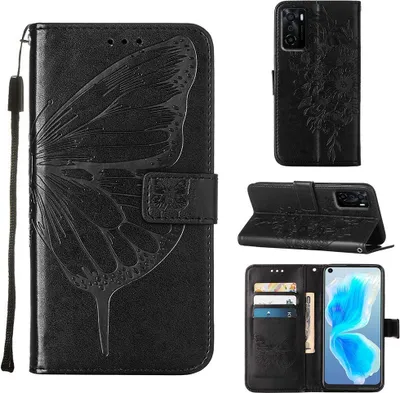 Obrázek produktu pro OPPO A55S 5G Pouzdro, Motýlí Reliéf Flip Kožené Pouzdro s Kapsami na Karty a Stojánkem pro OPPO A55S 5G černé