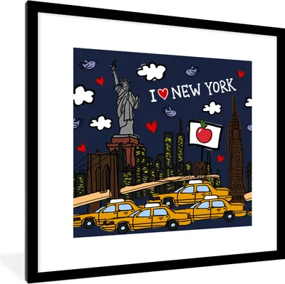 Produktbild von MuchoWow® MuchoWow® Gerahmtes Poster New York - Zeichnung - Gelb 40x40 cm - Poster mit zchwarzem Bilderrahmen - Poster - Plakat im Rahmen