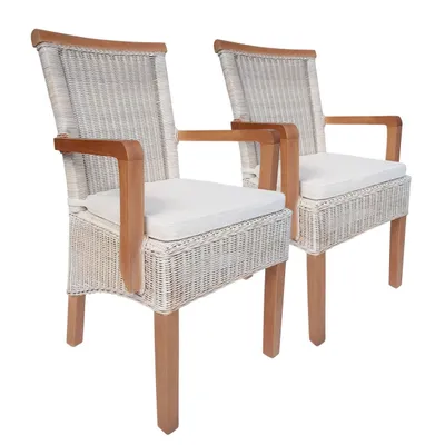 Produktbild von Esszimmer Stühle Set 2 Stück mit Armlehnen Rattanstühle weiß Perth Rattan Korbstühle nachhaltig mit Sitzkissen Leinen weiß