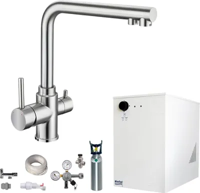 Produktbild von Tafelwassergerät BieTal® BT-30U Kühlung & 3-Wege L Wasserhahn Edelstahl 2Kg CO2