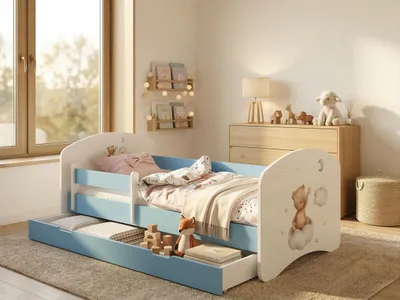Image de Ensemble complet de lit d'enfant 140 x 70 cm | Lit avec tiroir, matelas et barrière de sécurité | Lit bleu et blanc pour filles et garçons, avec ours en peluche