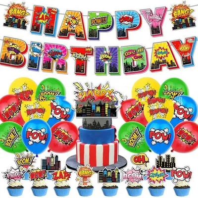 Produktbild von Superhelden Geburtstagsdekoration - 30 Stück Set - Mit Luftballons und Tortenaccessoires
