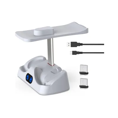 A white charging station for PS VR2 controllers and headset, shown on a white background with accessories.