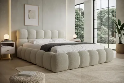 Produktbild von Polsterbett NUVIO 160x200 cm – Modernes Bouclé-Doppelbett mit gepolstertem Kopfteil Beige – 160x200x87 cm