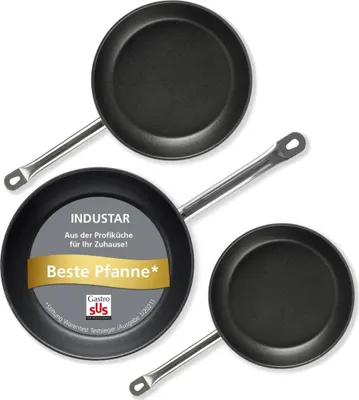 Three frying pans are displayed, with one in the foreground featuring a circular graphic with text and a logo.
