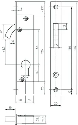 Produktbild von Schiebetürschloss mit Bogenriegel,PZ,DM 20,Stulp 176x20x3 eckig,silber verzinkt