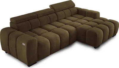 Produktbild von Ecksofa OMBO 285x168x77/97 cm, Rechte Seite Mit Schlaffunktion, Elektrisch Ausziehbarer Sitzfläche, Verstellbaren Kopfstützen, Dunklen Buchenholzfüßen, Hydrophobem SALVADOR-Bezugstoff - Cemno Blau
