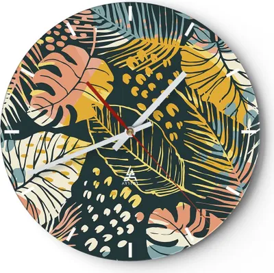 Produktbild von Wanduhr - Rund - Glasuhr - Blätter modern bunt - 40x40cm - Schleichendes Uhrwerk - Lautlos - zum Aufhängen bereit - Dekoration Modern - Wanddekoration aus Glas - C3AR40x40-4630