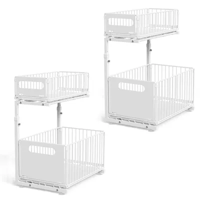 Produktbild von 2x Schubladenregal mit 2 Körben höhenverstellbar Metall Unterschrank Organizer Gewürzregal Küche und Bad Weiß
