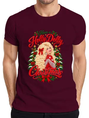 Productafbeelding van "Holly Dolly Christmas" T-shirt voor heren, countryzangeres, Nashville, popster, bordeauxrood, maat S