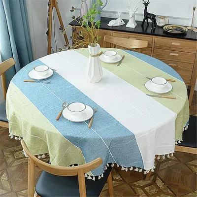 Produktbild von Tischdecke Rund mit Quasten Karo Baumwoll-Leinen 160 cm Blau Grün