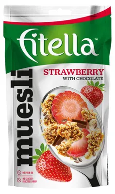 Produktbild von Fitella Knuspermüsli Erdbeere mit Leinsamen und Schokostückchen 50 g