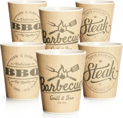 Produktbild von com-four® 6x Trinkbecher mit BBQ-Motiv - Wiederverwendbarer Mehrwegbecher für Barbecue, Garten, Picknick, Camping [Auswahl variiert]