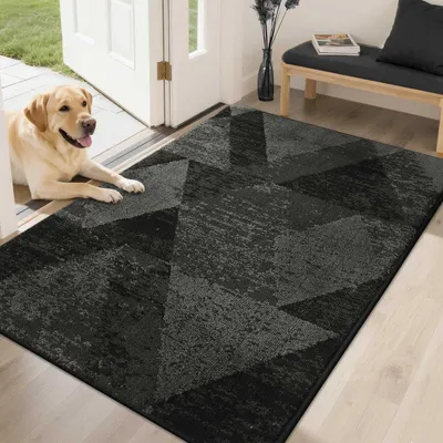 Image de Paillasson intérieur, motif carreaux, gris foncé, 80 x 120 cm