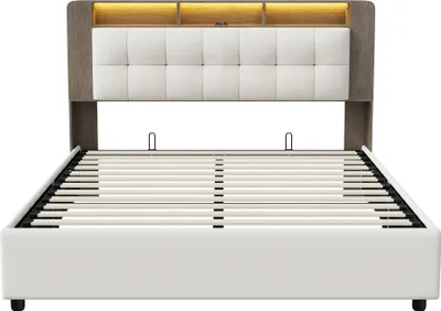 Produktbild von ProximaX Polsterbett 140x200cm mit Lattenrost, Hydraulisches Boxspringbett mit Stauraum, Stauraumbett Doppelbett mit Stauraumkopfteil und LED, Beige