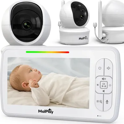 Immagine prodotto di Baby monitor Malplay con telecamera, baby monitor girevole con monitoraggio della temperatura, monitor modalità notturna Vox LCD 5 pollici bianco