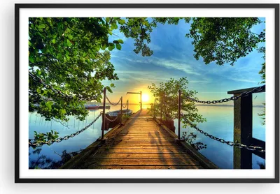 Produktbild von Gerahmtes Poster - Schwarzer Rahmen - See Sonnenuntergang Boot Landschaft - 91,5x61 cm - Wand Bild - Wanddeko - Wandbilder - Wandposter - Bilderrahmen - Bilder - Kunstdruck - Wandbild P2BAA91x61-2573