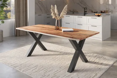 Produktbild von Refurbished Möbelretoure Baumkantentisch Akazie natur mit schwarzen Resin-Adern 220 x 100 cm X-Gestell schwarz POLLY