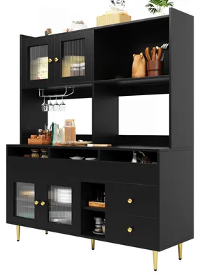 Produktbild von Küchenschrank Buffetschrank 171 cm mit Glastür und Weinglasregal, Schwarz