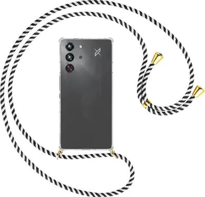 Produktbild von Handykette Backcover-Schutzhülle mit Band (Metall goldfarben) für ZTE Nubia Red Magic 10 Pro - schwarz/weiß gestreift